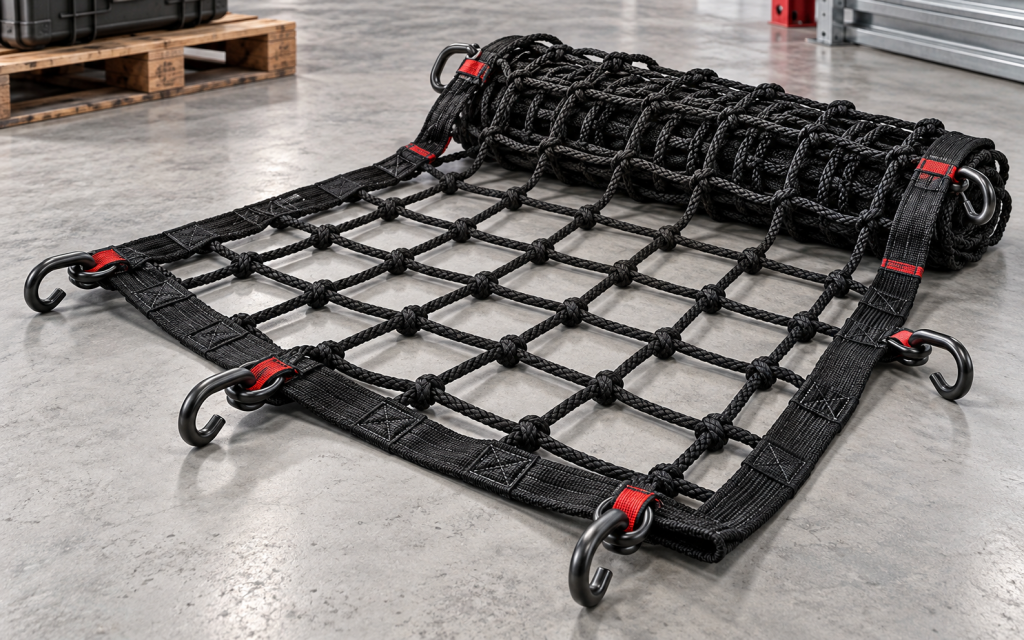 Heavy-duty cargo net with reinforced borders and metal hooks