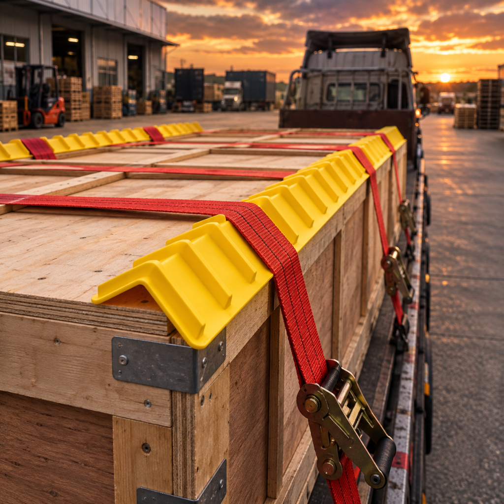 Red ratchet strap over yellow cargo corner protector securing a wooden crate