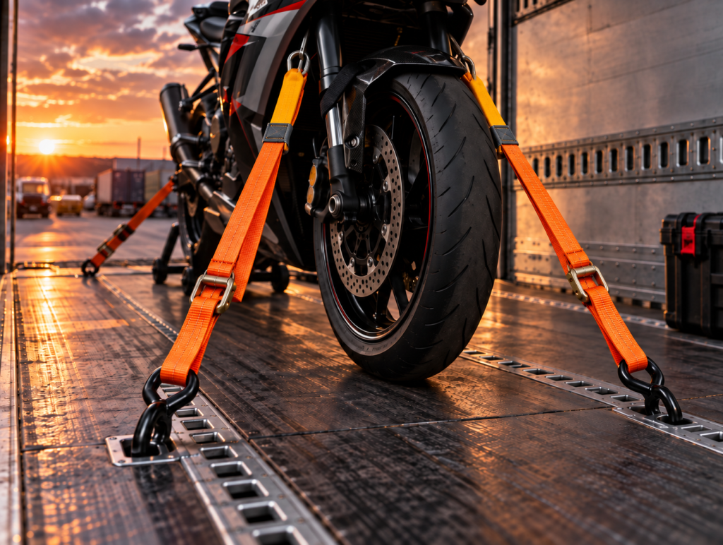 Motorcycle secured inside a transport trailer with heavy-duty orange tie-down straps