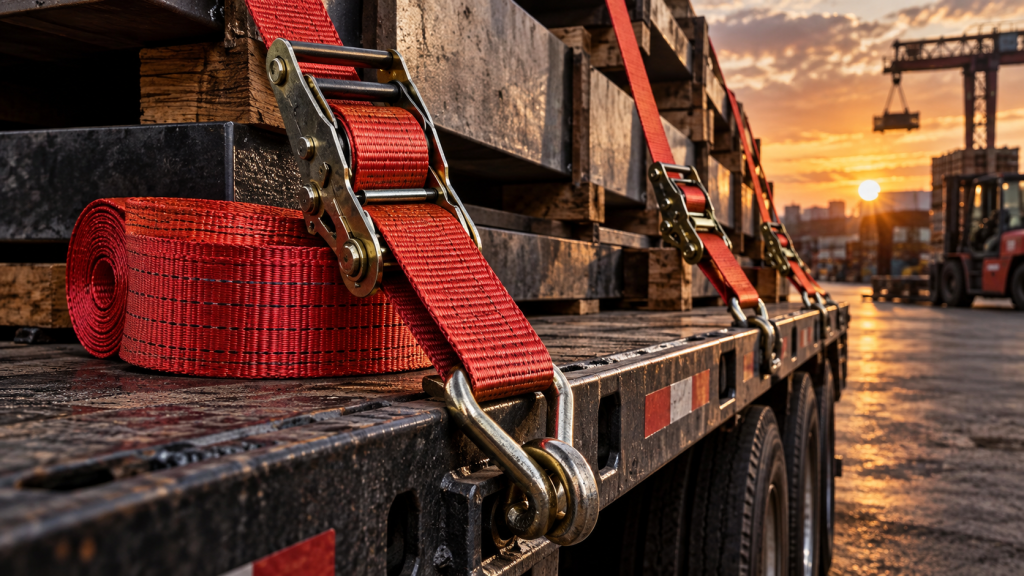 Heavy-duty red ratchet straps securing cargo on a flatbed trailer at sunset