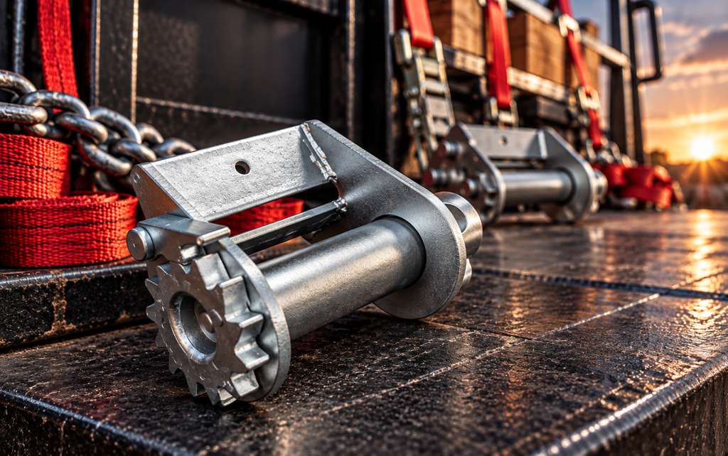 Heavy-duty galvanized cargo winch and ratchet hardware on a flatbed trailer