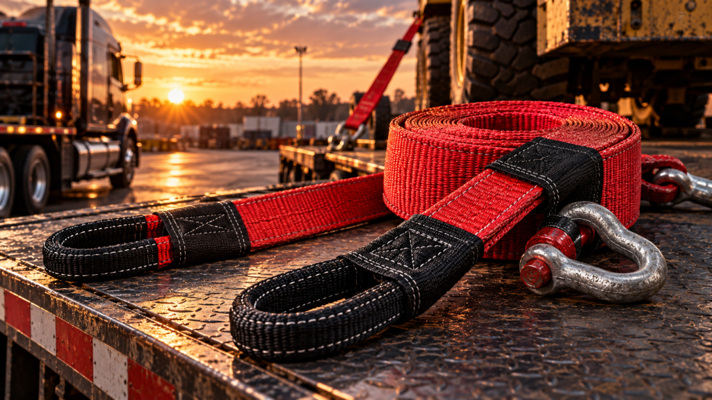 Heavy-duty red recovery and tow strap with reinforced loop ends and shackle on a flatbed trailer
