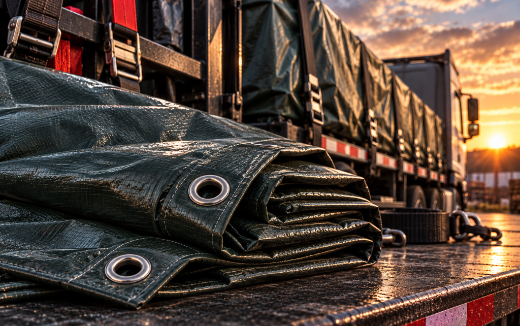 Heavy-duty dark cargo tarpaulins with reinforced eyelets on a flatbed trailer at sunset