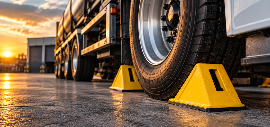 Heavy-duty yellow wheel chocks securing a truck wheel in an industrial yard at sunset